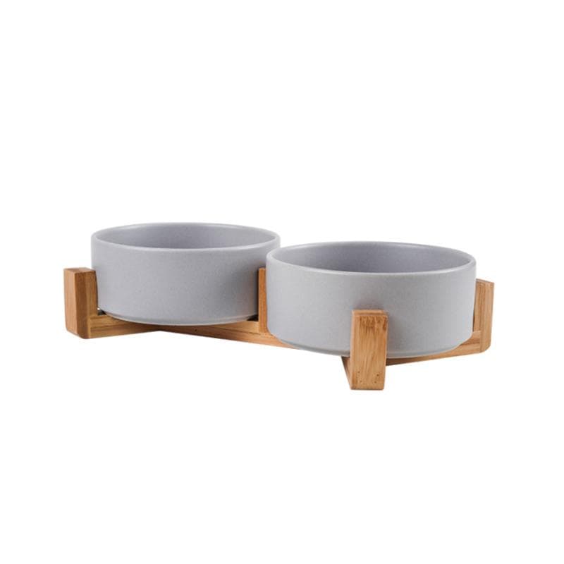 Ceramic Pet Bowl Dish With Wood Stand No Spill Pet Ceramic Double Bowl For Dog Cat Food Water Feeder Cats Small Dogs Pet bowl grey