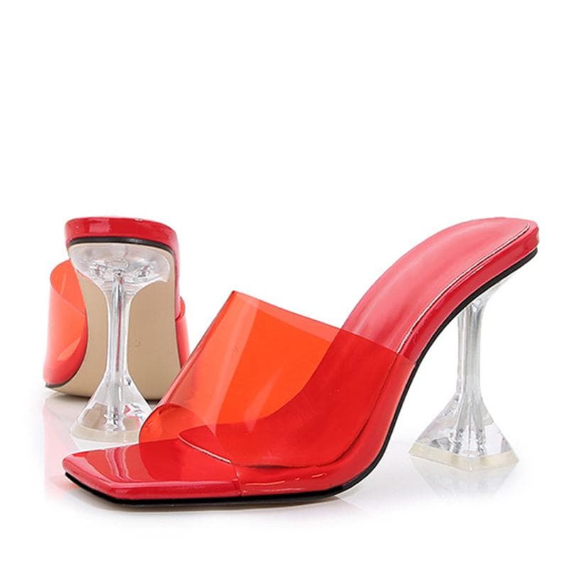 Liyke New Transparent Crystal Clear Heels Women Slippers Candy Color PVC Shoes Female Mules Slides Summer Sandals Size 46 35 red