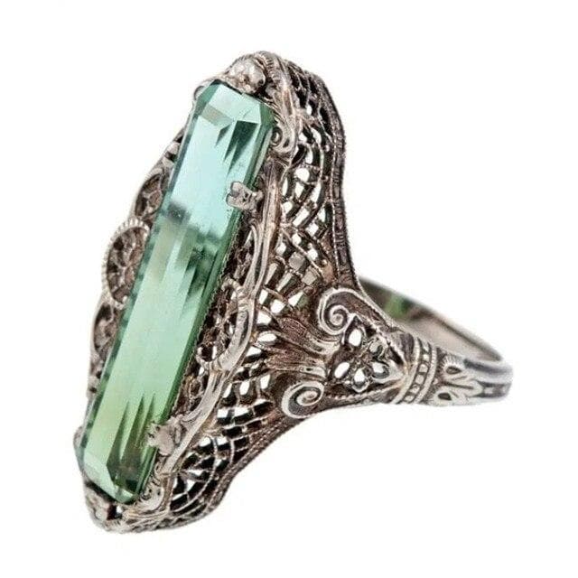 Hyperbole Vintage Rings for Women Long Square Green Cubic Zirconia Luxury Lady's Cocktail Party Ring Retro Jewelry 8