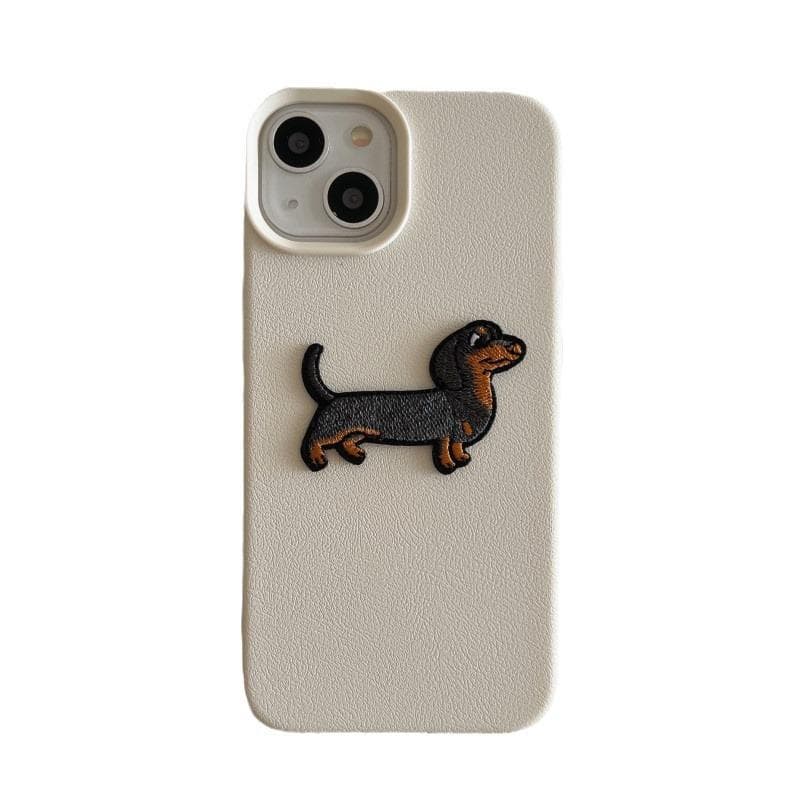 Three-dimensional Embroidered Dachshund Dog Apple 16 Mobile Phone Case 14promax Lychee Pattern Suitable for IPhone 13/12/15 Apple 16plus