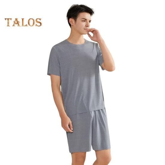 2Pcs/Set Men Pajamas Set O-Neck Short Sleeve T-shirt Elastic Waist Shorts Set Solid Color Home Clothing Suit L blue