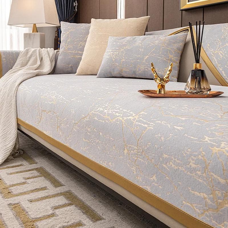 Nordic Luxury Leather Sofa Cover Modern Four Seasons Non-slip Sofa Cushion Gilded Marble Pattern Golden Satin Edging Cover Towel 70x70cm 1pcs
