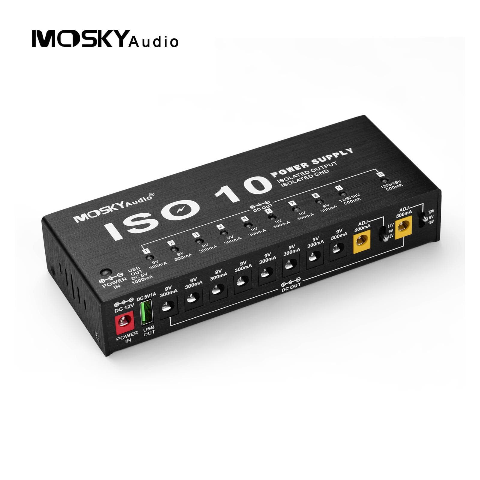 MOSKYAudio ISO-10 Portable Guitar Effect Power Supply Station 10 Isolated DC Outputs & One 5V USB black