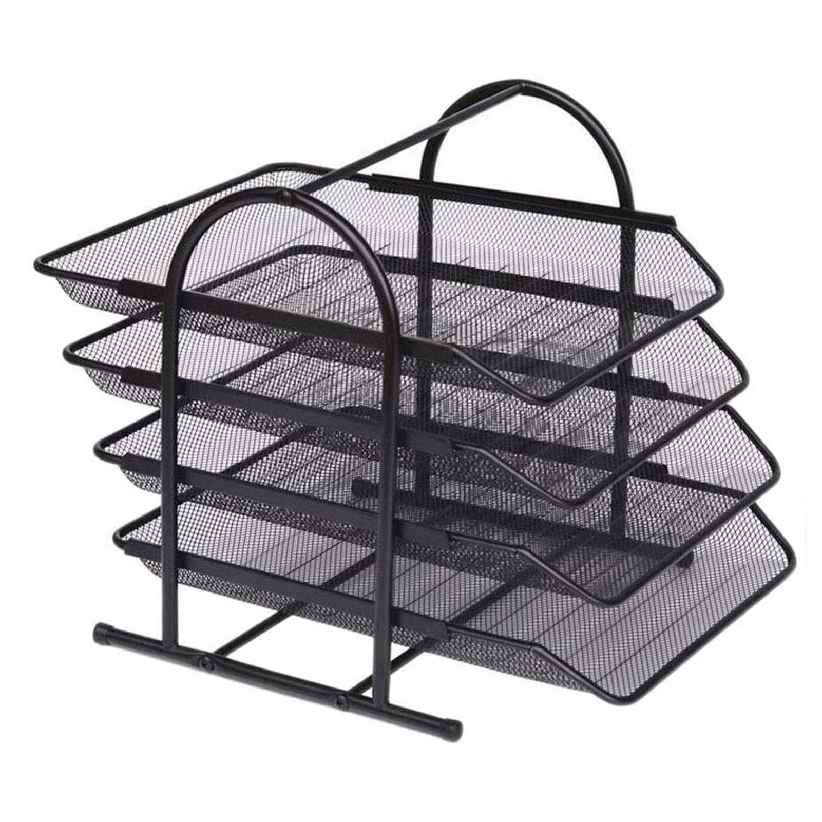 4 Tier File Holder Tray Magazine Rack Desk Metal Iron Mesh Document Organizer for Home or Office black