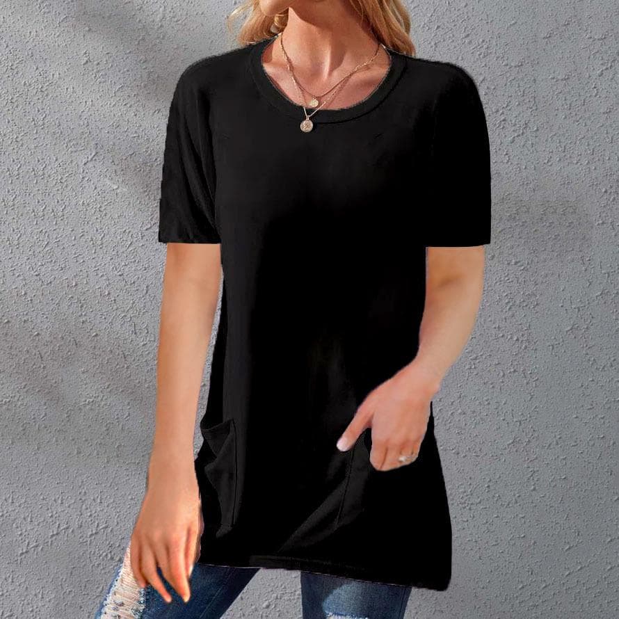 Summer Women's T-shirt Solid Color Tops Short Sleeve Loose Crew Neck Pocket T-shirt 5XL black