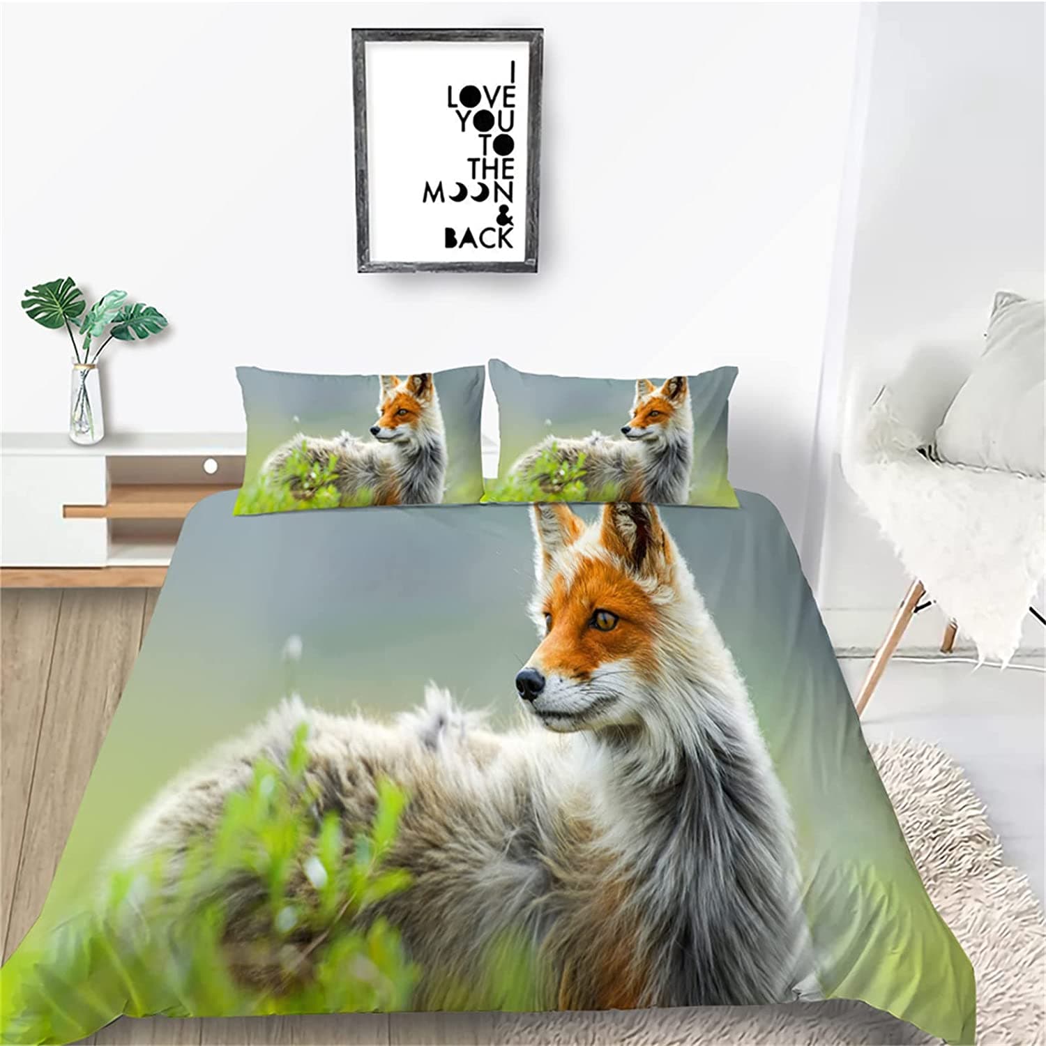 Cartoon Fox Duvet Cover Set Cute Kawaii Wild Animals King Queen Size Polyester Comforter Cover With Pillowcase For Kids Teens EU single(135x200cm)