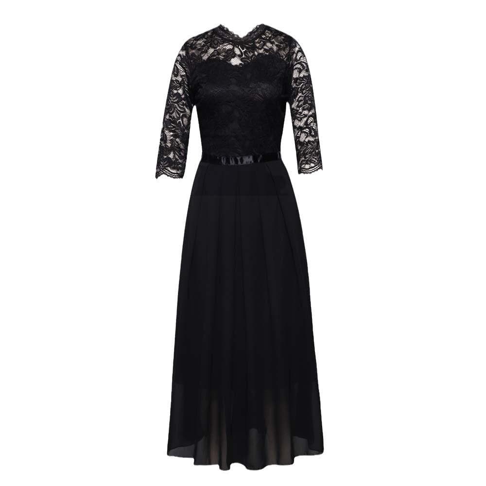 Women's three-quarter sleeve round neck long lace evening dress L black
