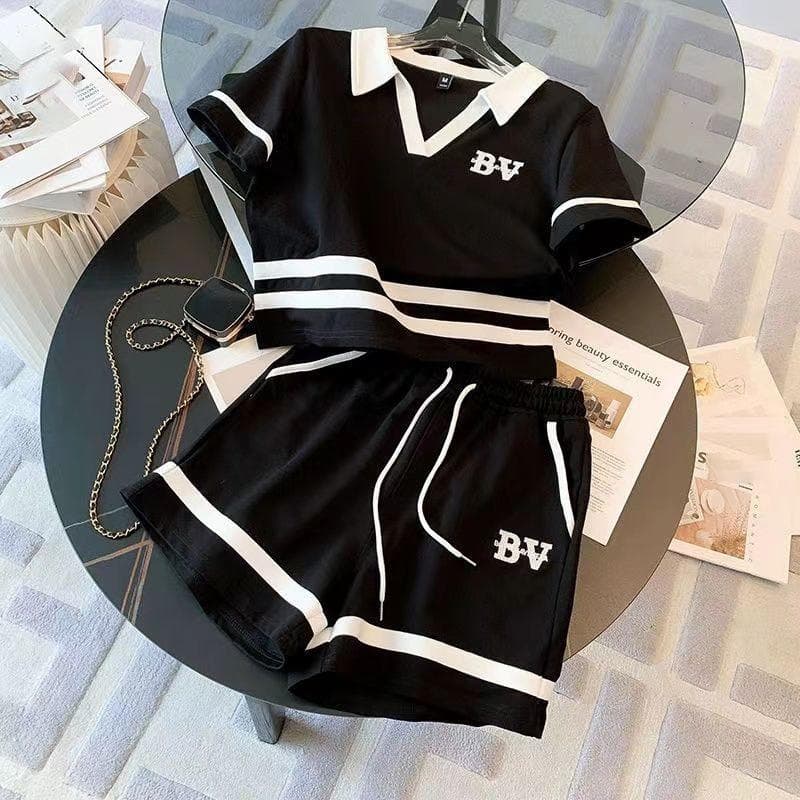 Stylish Women's Salt System Sports Suit Summer Age-Reducing High-End Casual Shorts 2-Piece Set M black