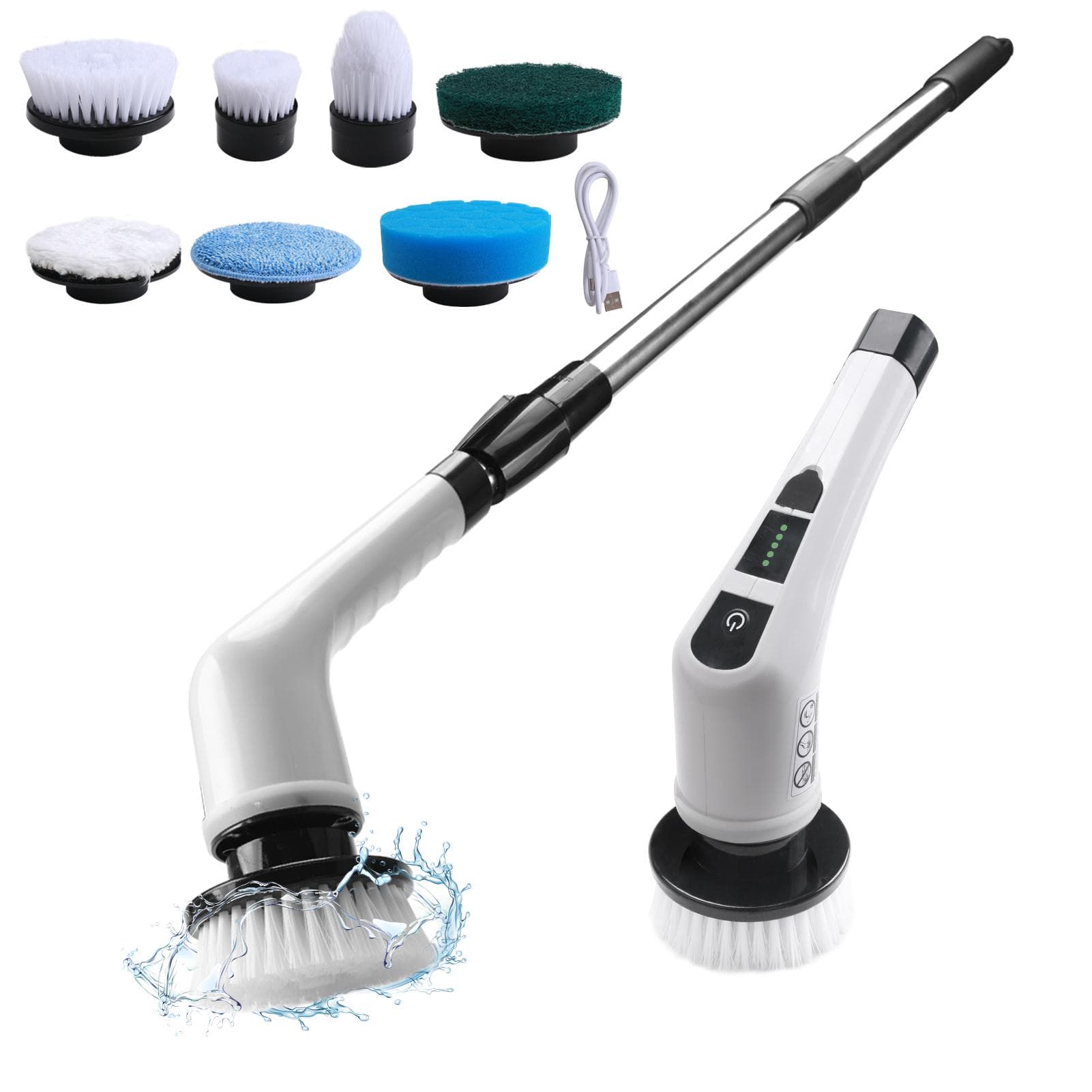 8-in-1 Electric Spin Scrubber Home Cordless Cleaning Brush 8 Heads 90Mins 3 Size 2 Speeds for Kitchen Bathroom Bathtub Glass Car white