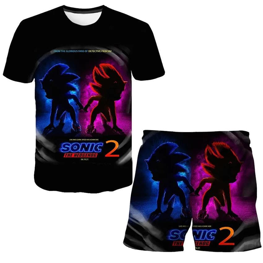 2025 MINISO New boys and girls super sonic Tshirts+shorts  Harajuku Sonic print suit T-shirt + shorts fashion street style children's short sleeves 140