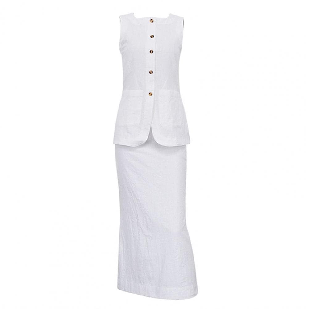 Women Casual Suit Square Collar Sleeveless Vest Long Skirt Suit Summer Matching Set for Party Office Daily Wear S white