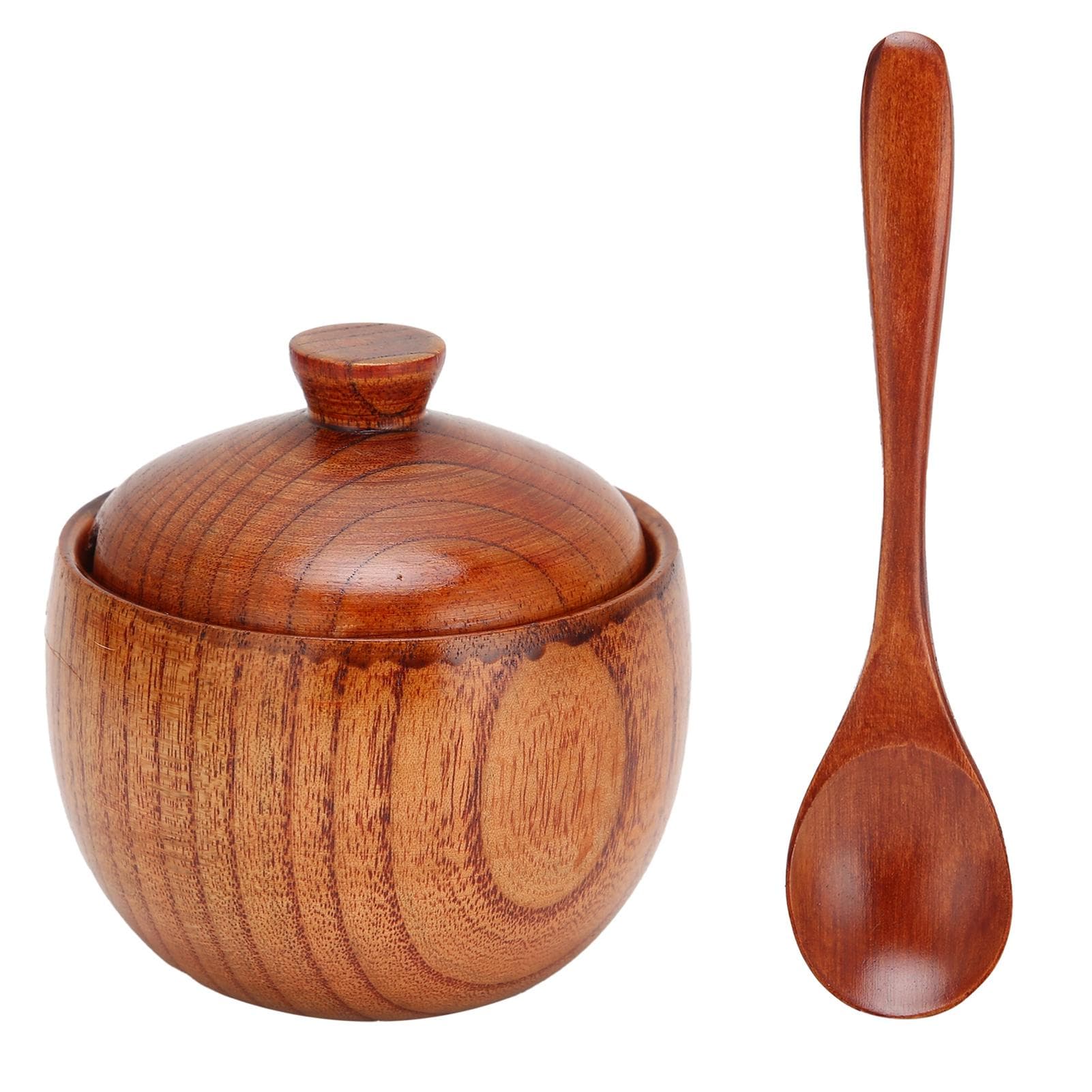 Wood Spice Pot Sugar Bowl Salt Pepper Seasoning Box with Spoon and Lid Kitchen Tool