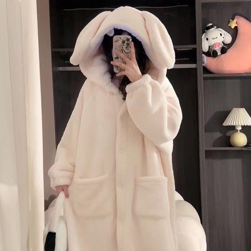 Winter Long Sleeve Hooded Thick Warm Kimono Robes for Women Rabbit Cute Bathrobes Sleepwear Nightdress Night Dre L