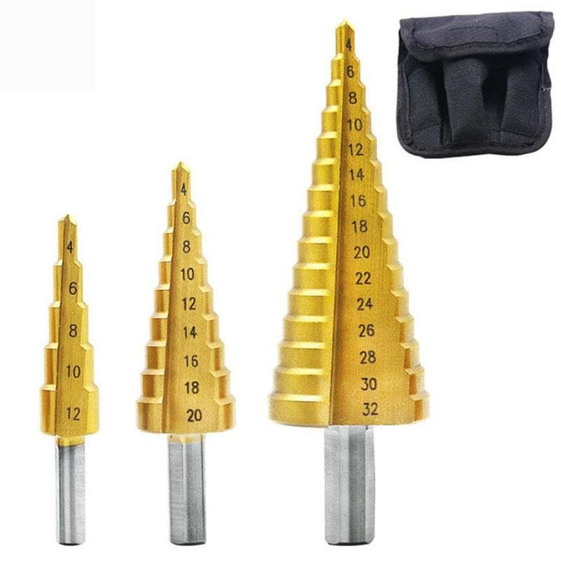1/3Pc Professional HSS Steel Large Step Cone Triangular Handle Coated Metal Drill Bit Cut Tool Set Hole Cutter 4-12/20/32mm 3pcs gold