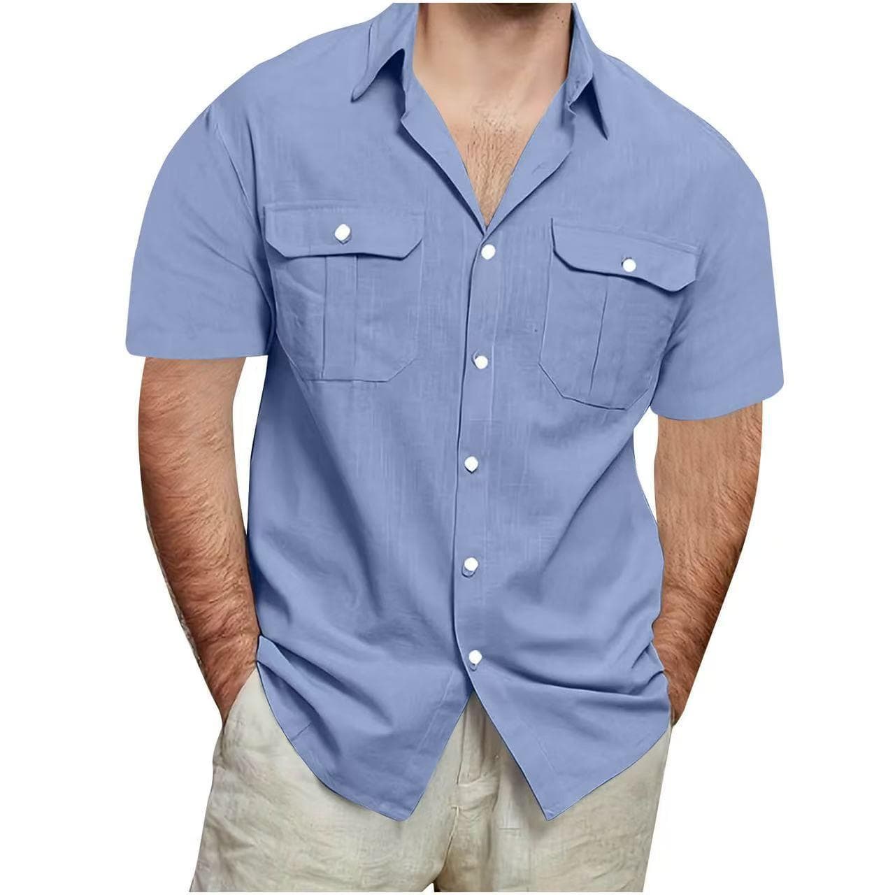Summer Men's Short Sleeve Double Pocket Shirts Solid Color Loose Casual Shirt Men 5XL blue