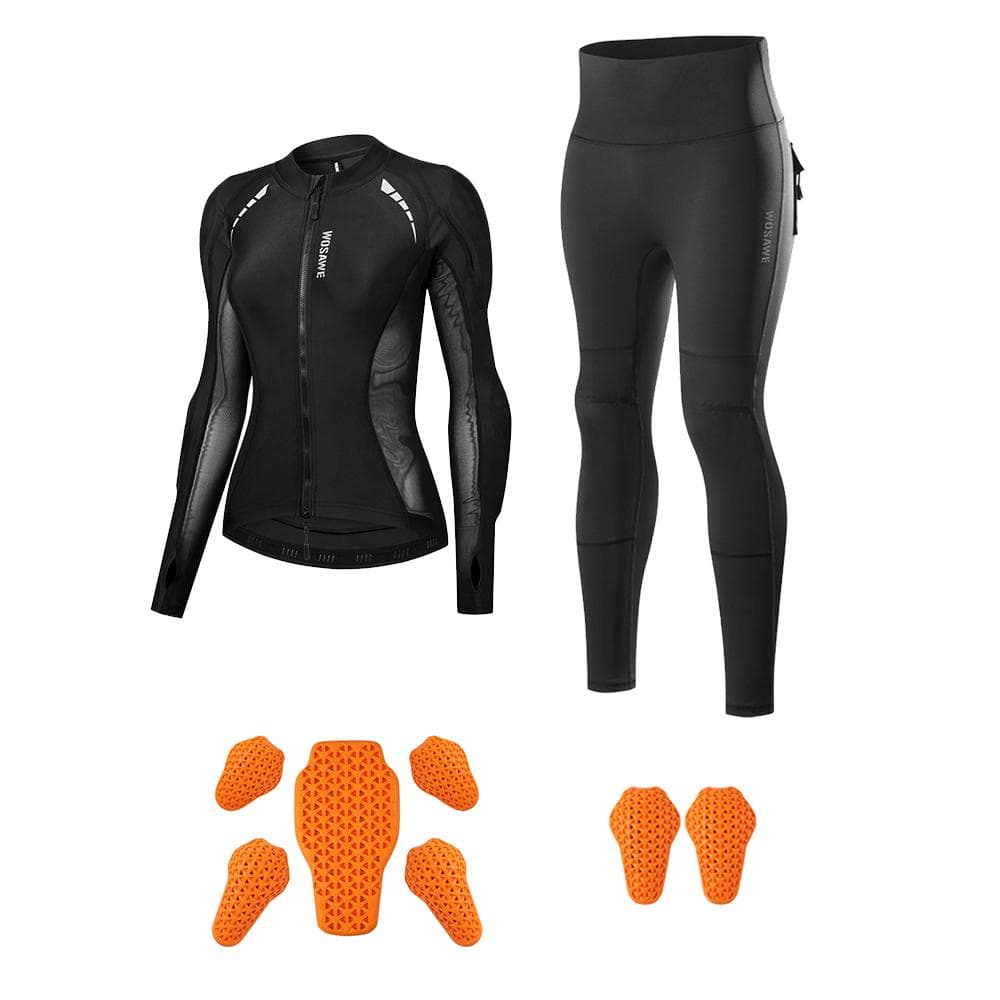 WOSAWE Women Motocross High Stretch Breathable Jacket Removable Soft Pads Slimming Top High Waist Riding Pants Motorcycle Rider Soft Pads Set M black