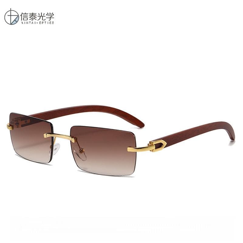 Fashion Diamond Trimmed Rimless Sunglasses Men'S Imitation Wood Grain Glasses Legs Sunglasses Men'S Fashion Glasses Shades