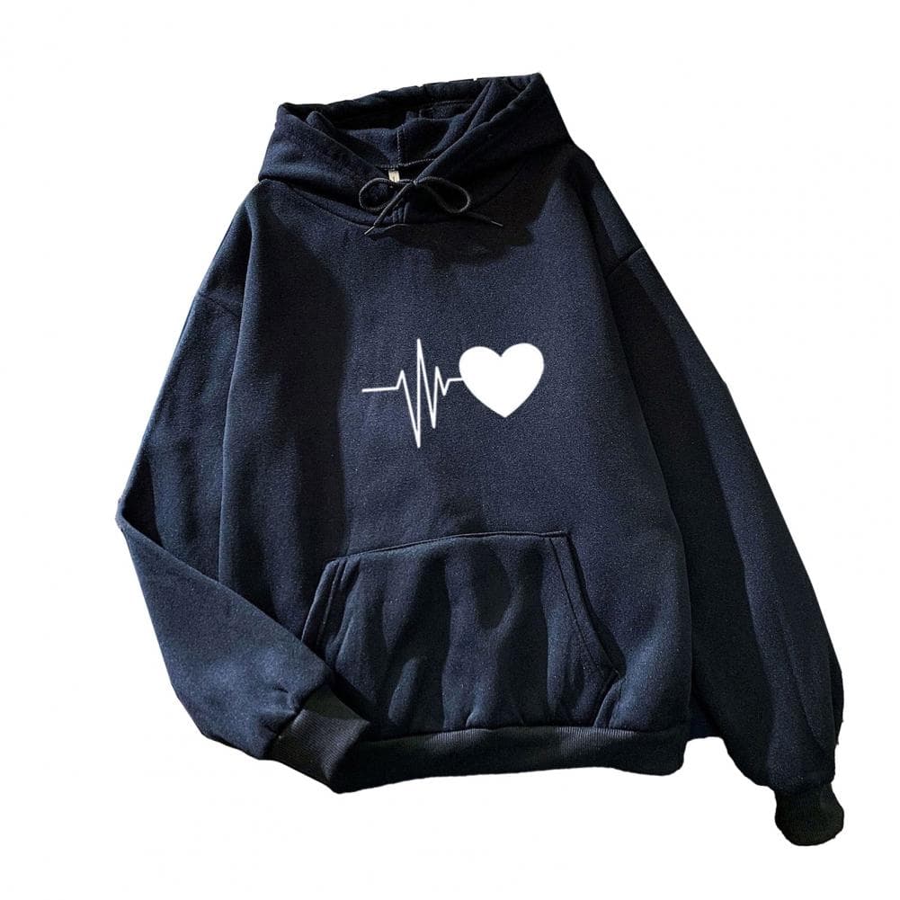 Unisex Fall Winter Hoodie Heart Print Hooded Loose Drawstring Long Sleeve Pullover Thick Plush Warm Elastic Cuff Big Patch Pocke S black