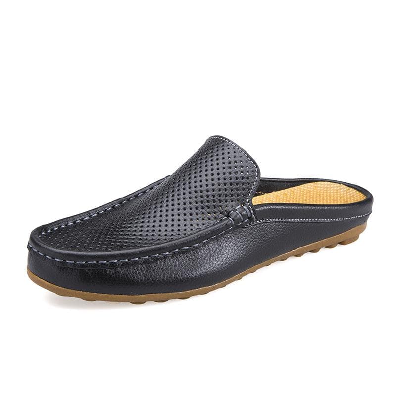 Fashion Men Half Loafers Genuine Leather Slippers Loafer Slides Breathable Man Outdoor Lightweight Half Shoes 38 black