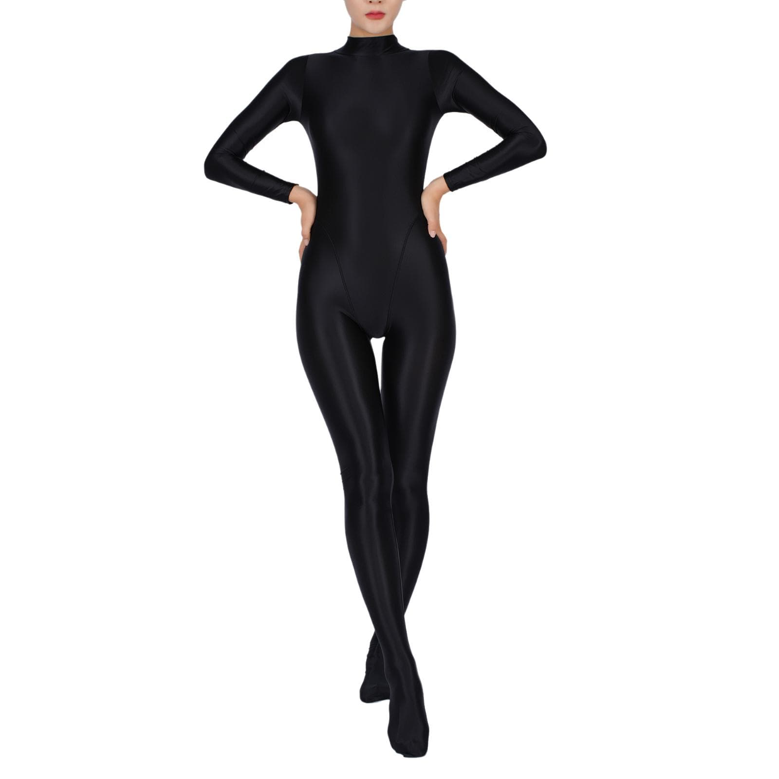 Womens Full Body Jumpsuit Sports Gym Yoga Tights Bodysuit Mock Neck Long Sleeve Footed One Piece Jumpsuit Clubwear Sportwear M/L black
