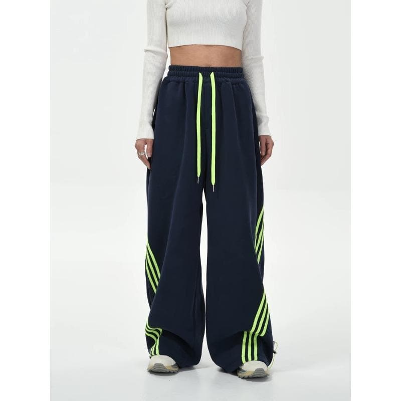 Striped Contrasting Wide-leg Pants, Wardrobe Pants, Men and Women, Retro Elastic Drawstring Drooping Casual Couple Sports Pants L