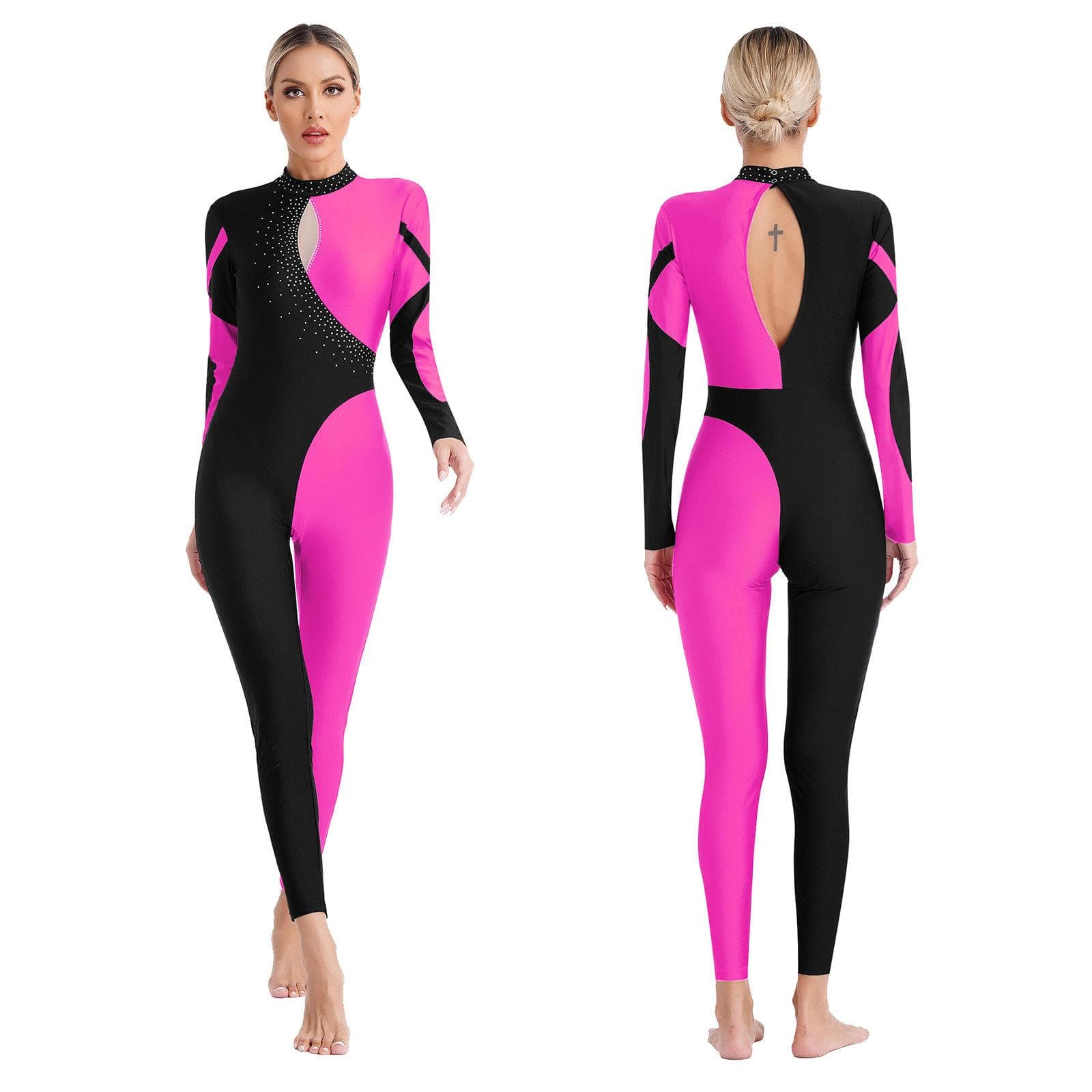 Women Shiny Rhinestone Gymnastics Leotard Unitard Full Length Figure Ice Skating Jumpsuit L hot pink
