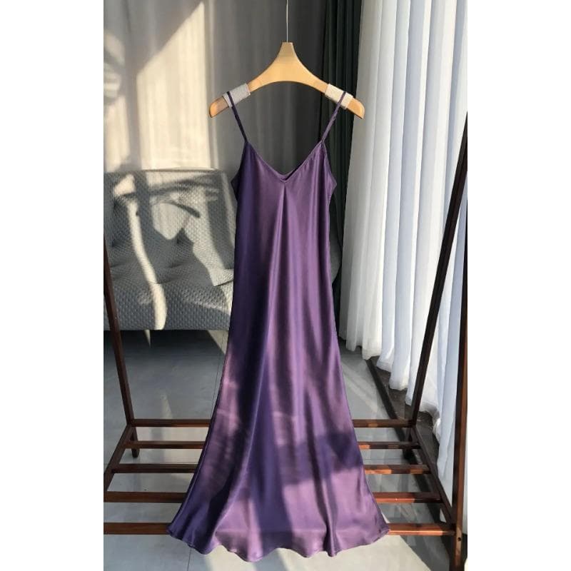 Mulberry Silk Dress Purple Mid-length Dress Slim V-neck Summer Sundress Sand-washed Silk Suspender Skirt L purple