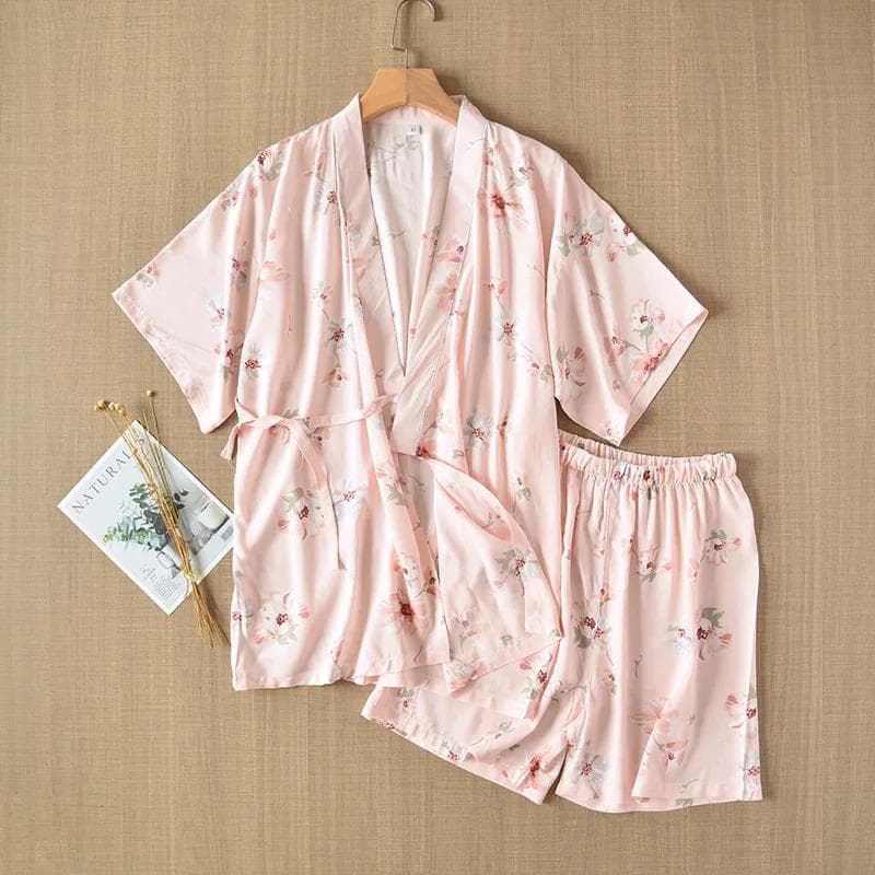Short Sleeved Shorts Summer Women's Pajama Set Home Clothing Kimono Set Women's Pink Pajama Set L