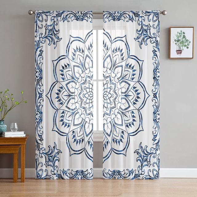 Boho Mandala Datura Buddhism Ethnic Sheer Voile Curtains For Kitchen Living Room Bedroom Decor Tulle Curtains Window Treatment 1 PCS W100XH250cm