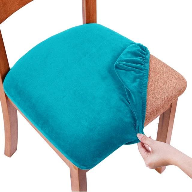 Velvet Spandex Dining Room Chair Seat Covers Removable Washable Elastic Cushion Covers For Upholstered Dining Chair peacock blue