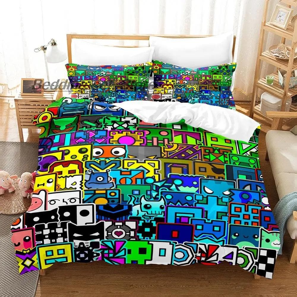 Hip Hop Angry Geometry Dash Bedding Set Single Twin Full Queen King Size Bed Set Game Bedroom Duvetcover Sets Anime Bed AU Double 180x210cm