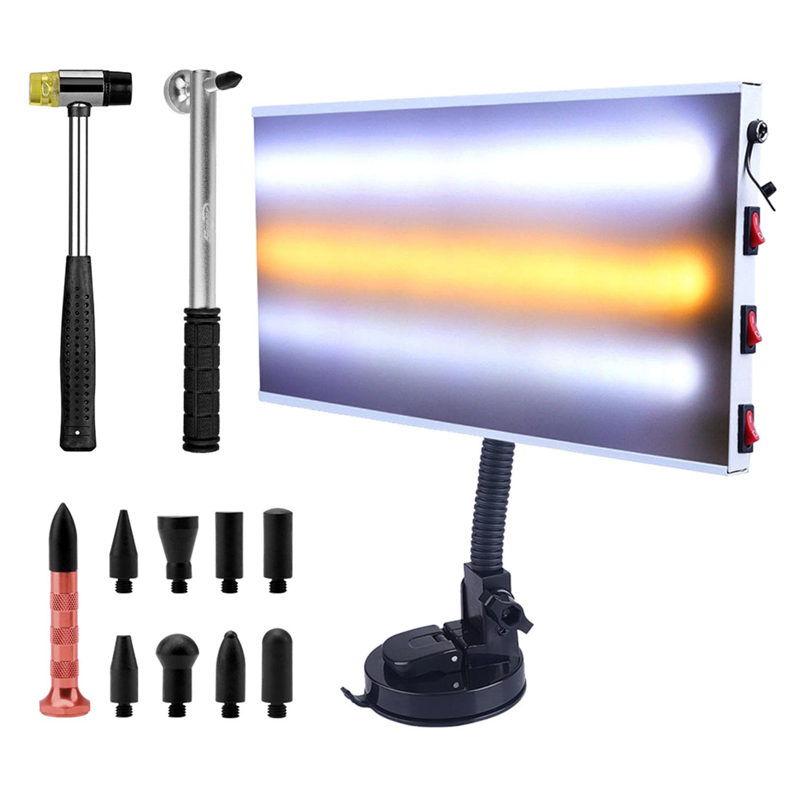 Paintless Dent Repair Kit, LED Paintless Dent Repair Light Board with Dent Repair Hammer Rubber black