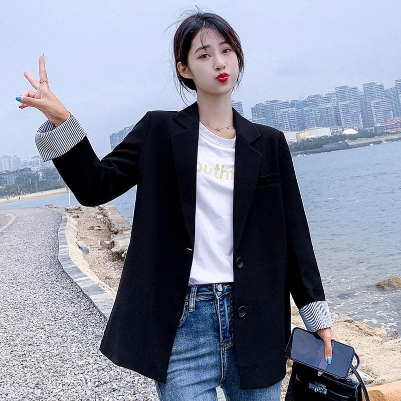 Blazer Women's Design Niche Spring New Style Hot Street Slim Slim Suit Top for Small People 2XL black