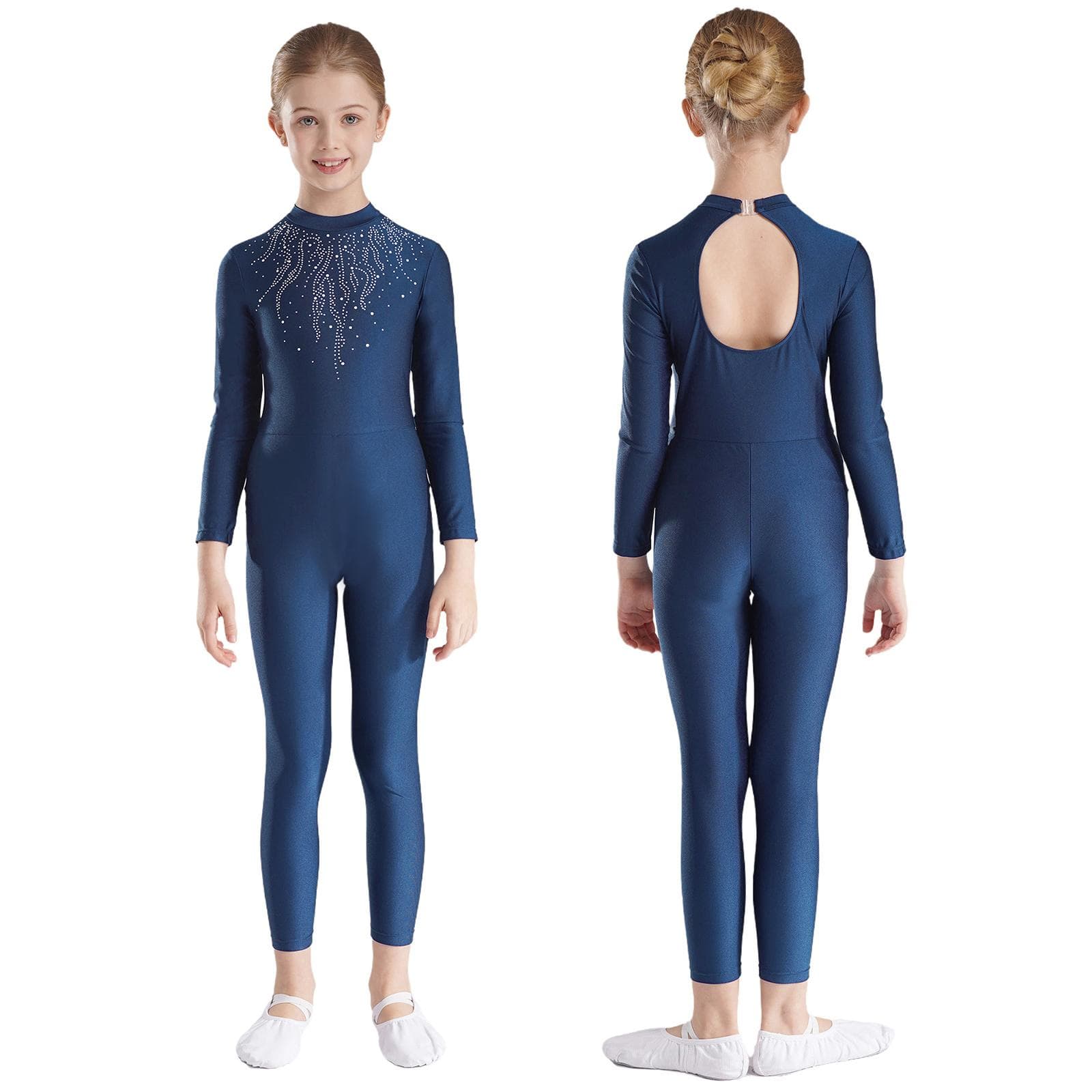 Girls shiny Rhinestones Gymnastics Jumpsuit Keyhole Back Ballet Jersey Jazz Dance Leotard Figure Skating Unitard Dancewear 11-12 Years navy blue