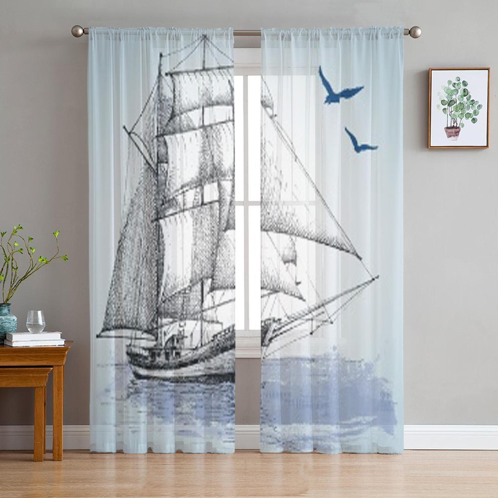 Boat Drawing Tulle Sheer Curtains for Living Room Decoration Curtain for the Room Bedroom Kitchen Voile Organza Curtains 135W x 114H(cm)