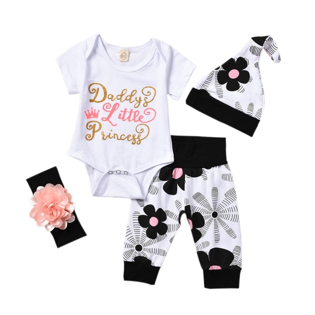 Newborn Baby Girls Floral Tops Romper Long Pants Hat Outfits Clothes 4Pcs Set 3-6m white