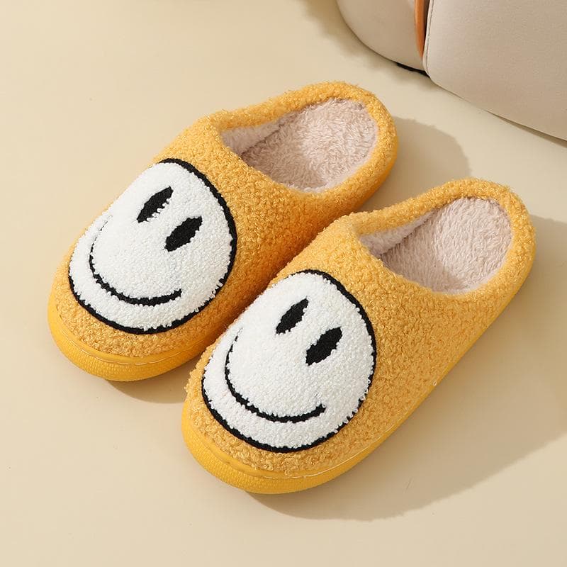 Cartoon Smiley Face Cotton Slippers - Women's Non-Slip Indoor Warm Slippers for Autumn and Winter Size 40-41 (Fits size 39-40) yellow