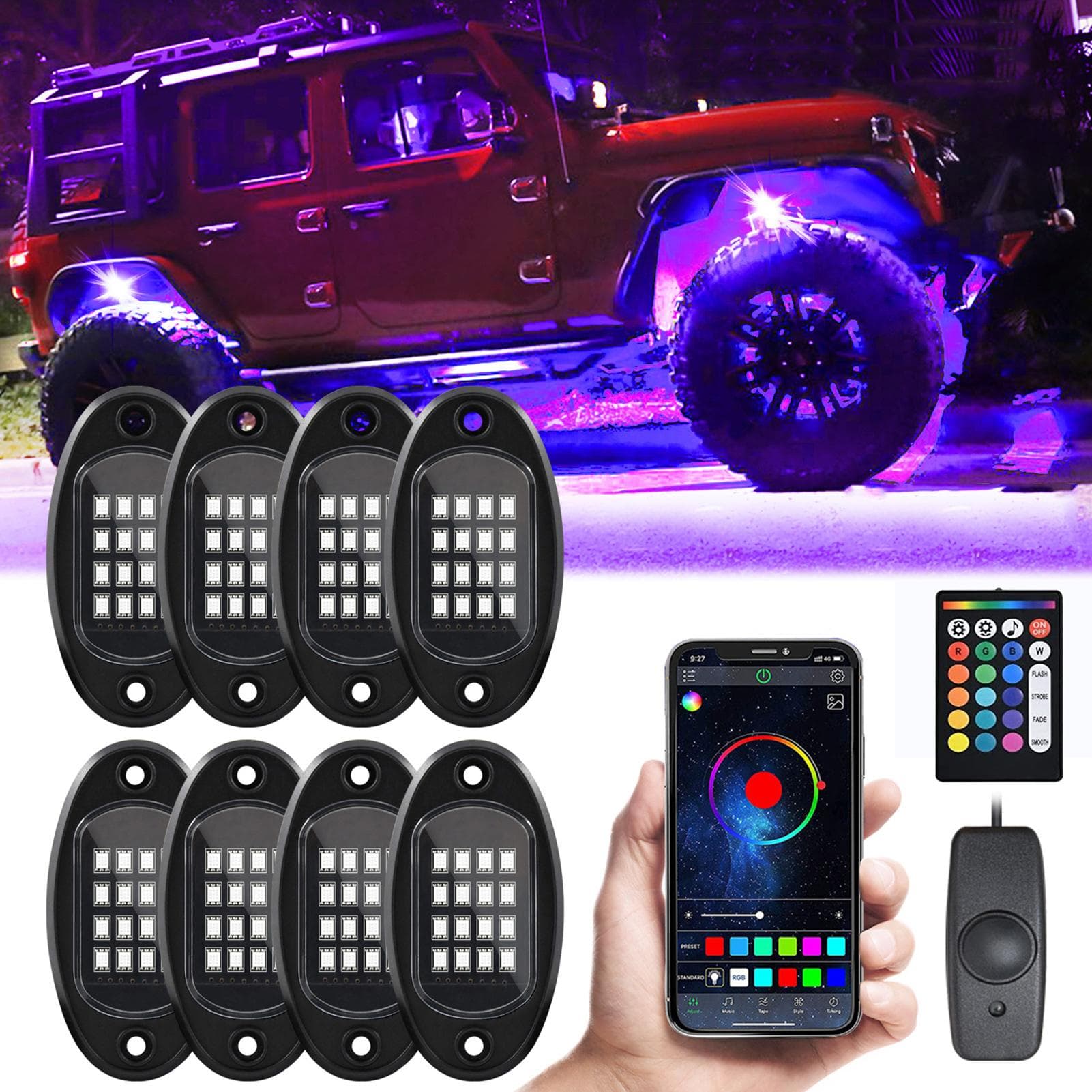 LED Rock Lights 8pcs Multicolor LED Lights Waterproof with APP BT 24 Key Controller Music Function 8pcs