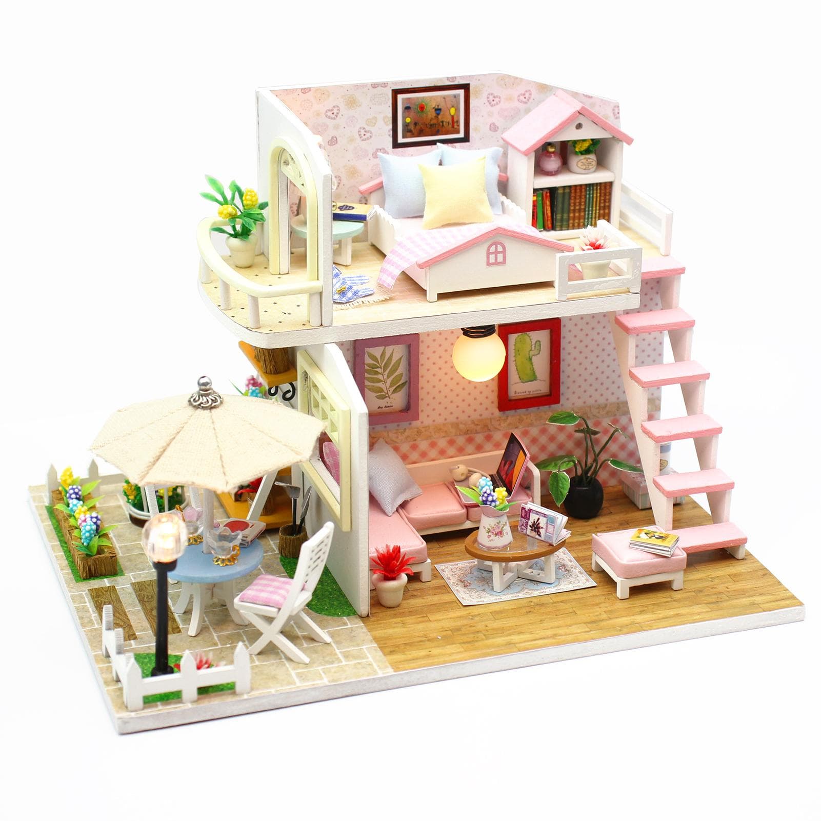 Dollhouse Miniature DIY Wooden Dollhouse Kit with Furniture with LED Light Music Pink Loft multicolour