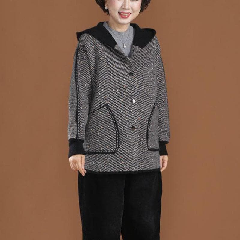Middle-aged Women's Hooded Knitted Cardigan Jacket Women's Spring and Autumn Short Section Large Yard Tops XXXXL gray