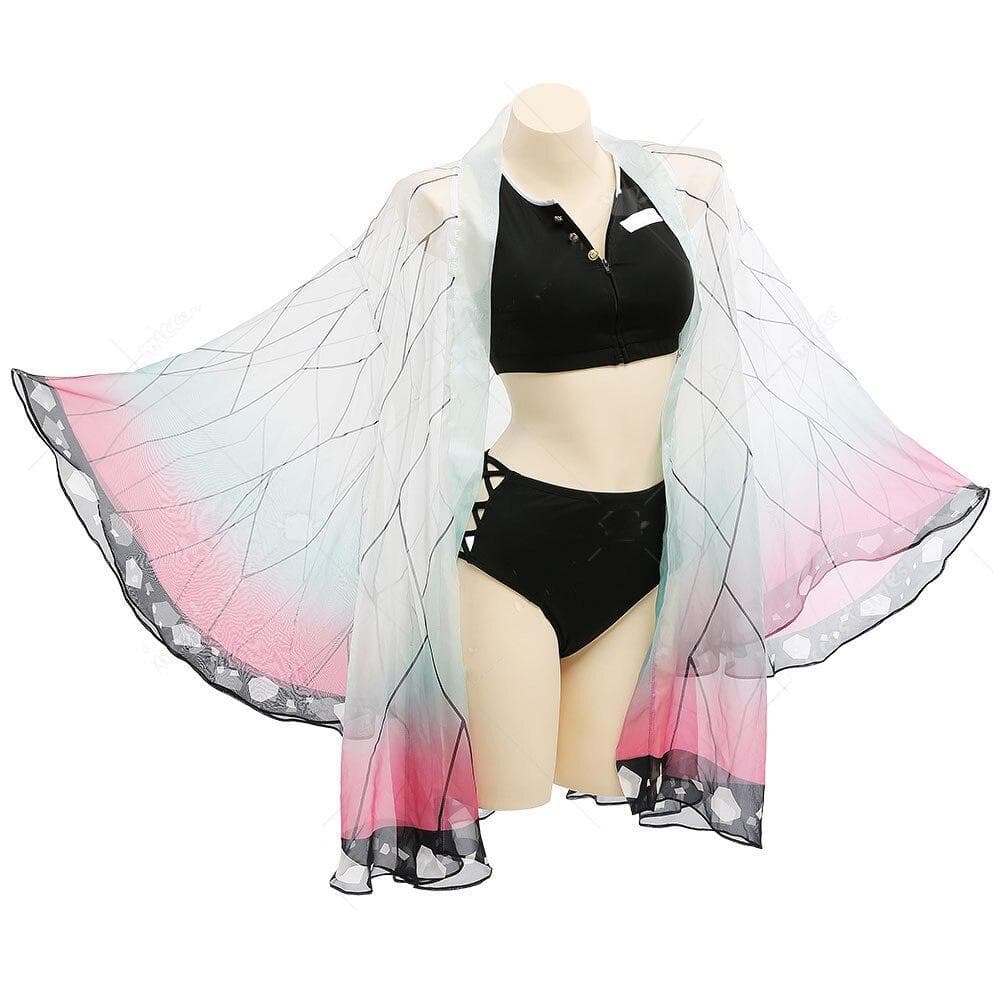 Haikyuu Agatsuma Tanjirou Kochou Shinobu Splitted Swimsuit Swimwear Bathing Suit with Strapped Butterfly-Printed Yarn Coat XXXL pink