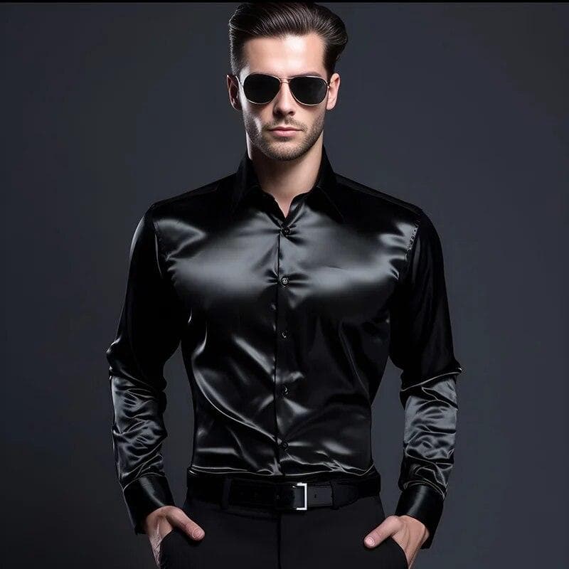 Men's Satin Luxury Dress Shirts Fashion Smooth Male Tuxedo Shirt Solid Wedding Party Prom Nightclubs Shirt M black