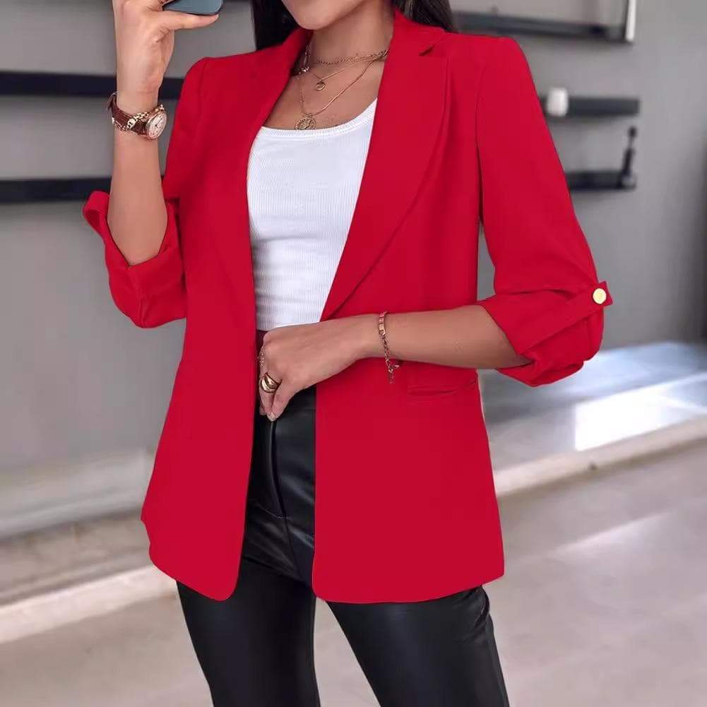 IHUASU Autumn Winter Long Sleeve Solid Color Cardigan Suit Jacket Woman Jackets & Coats S red