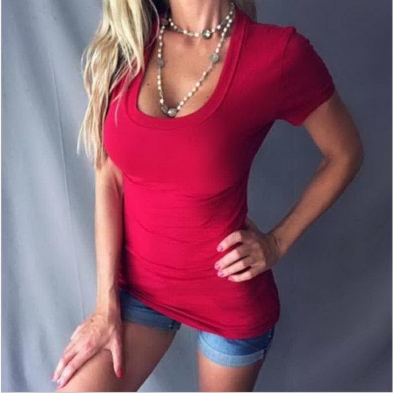 Women's Fitted Deep V Sexy and Simple T-shirt XL burgundy
