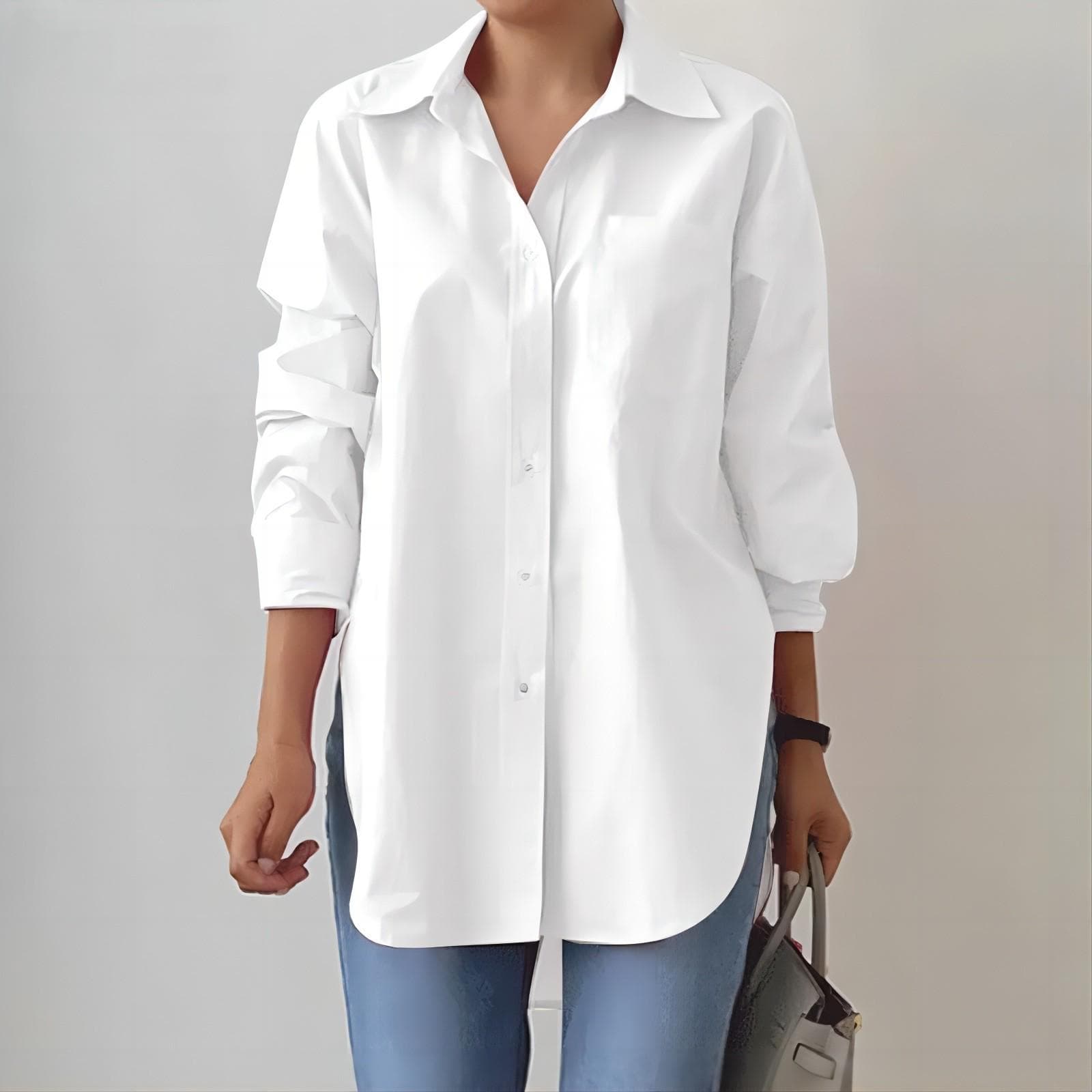 2024 Women's Oversized Lapel Shirt - Elegant Long-Sleeve, Solid Color, Slit Hem for Spring and Autumn M white
