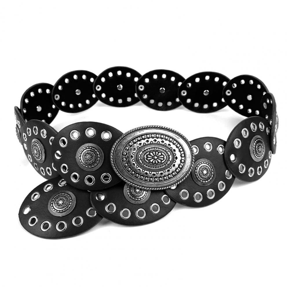 Women Belt Round Buckle Wide Eyelets Faux Leather Adjustable Belt Exaggerated Round Shape Hollow Disc Waist Belt black