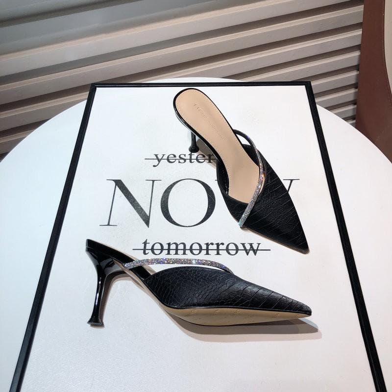 Cavalli wear temperament Baotou half drag socialite small fresh girl rhinestone tip with high heels cool slippers 39 black