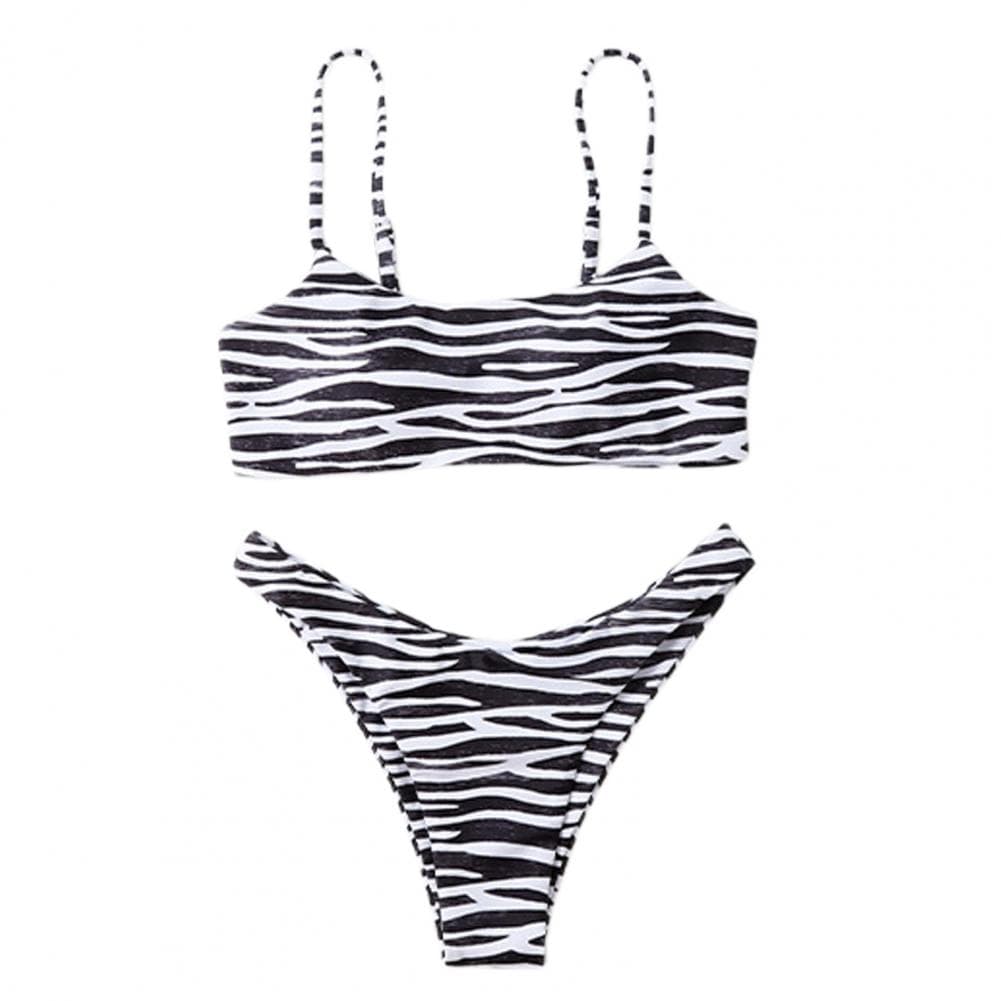 2 Pcs/Set Bikini Set Zebra Stripe Print Contrast Color Spaghetti Strap Adjustable Women Swimwear for Swimming L black