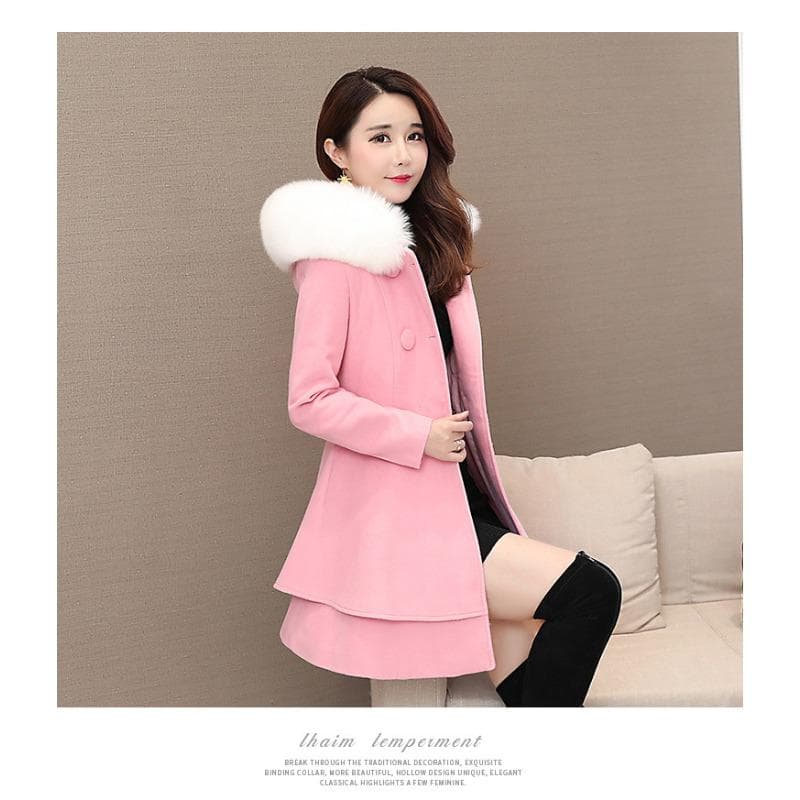 Women's Fur Collar Woolen Coat Coat Korean Version Slim Fit 3XL pink