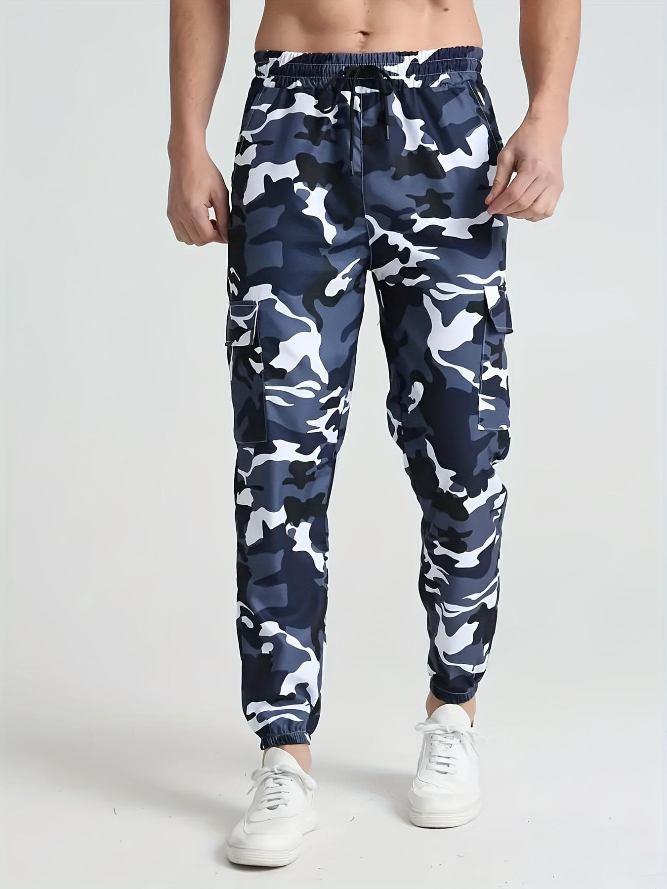Men's Stylish Comfy Camouflage Pattern Joggers Pockets Slim-fit Drawstring Bottom Hiking Jogging Cycling Outdoor Pants M navy blue